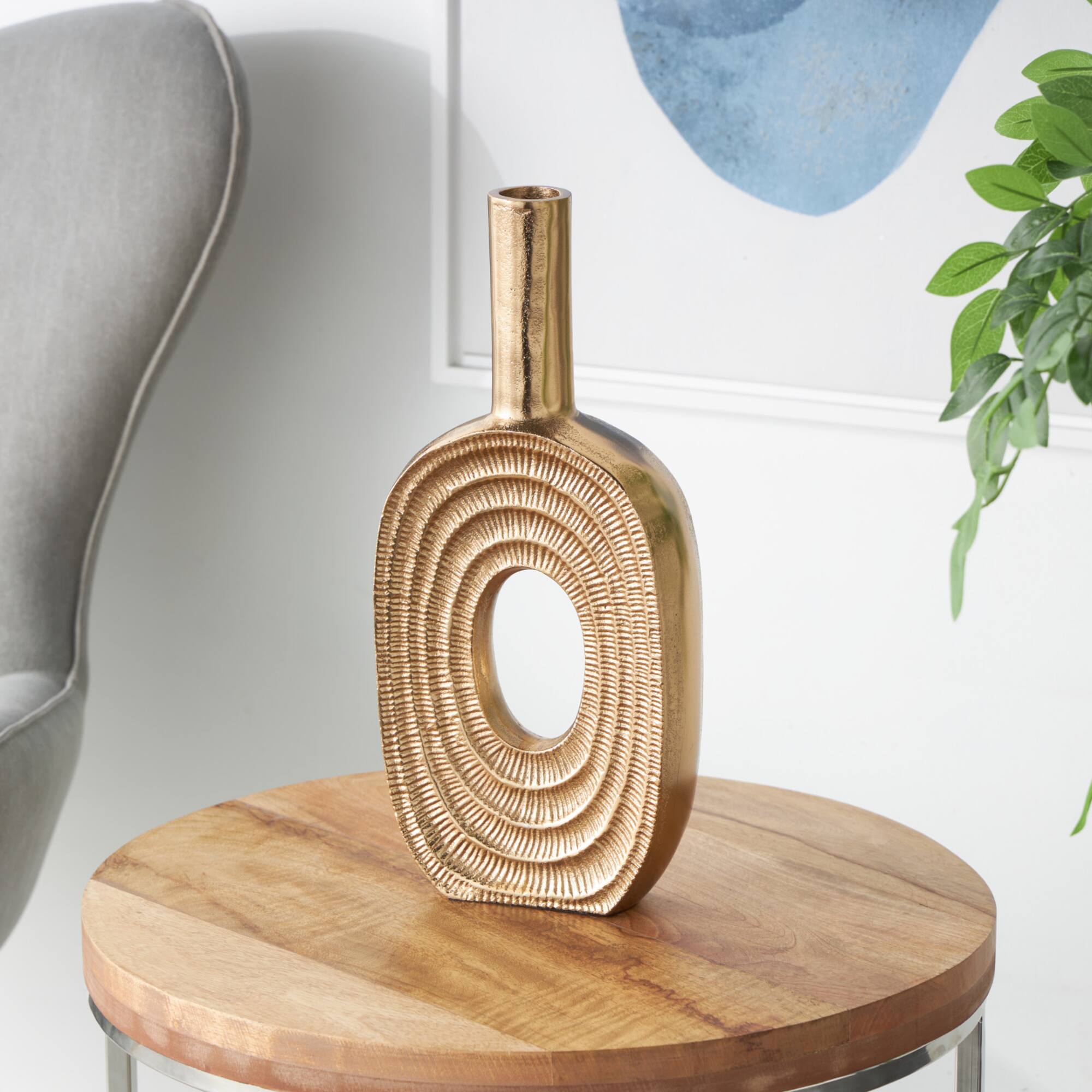 16" Gold Aluminum Metal Geometric Circular Vase with Linear Etchings